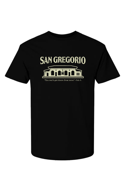 Short sleeve t-shirt with San Gregorio General Store design printed on chest in cream