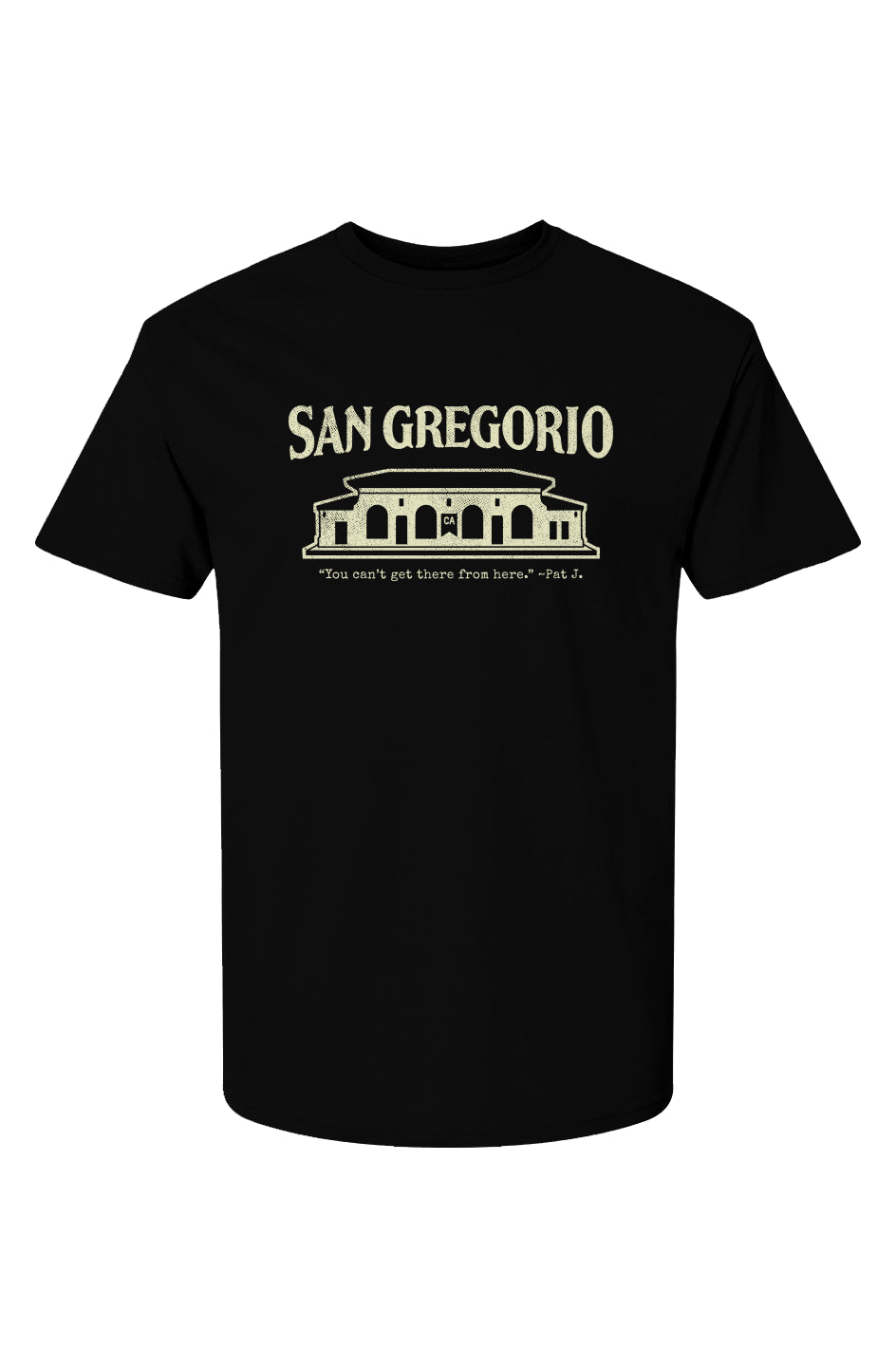 Short sleeve t-shirt with San Gregorio General Store design printed on chest in cream