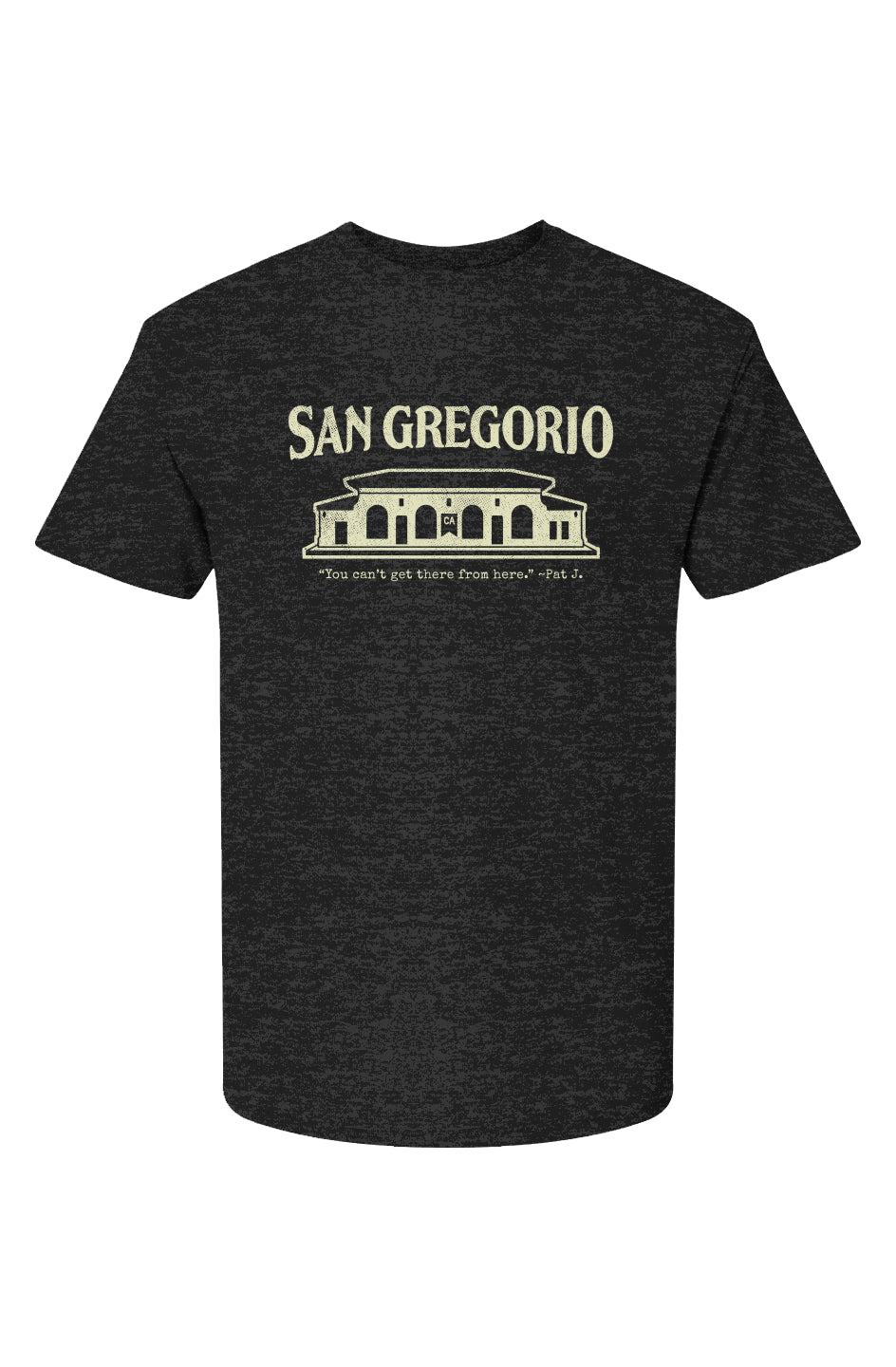 Short sleeve t-shirt with San Gregorio General Store design printed on chest in cream