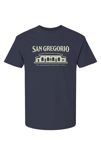 Short sleeve t-shirt with San Gregorio General Store design printed on chest in cream