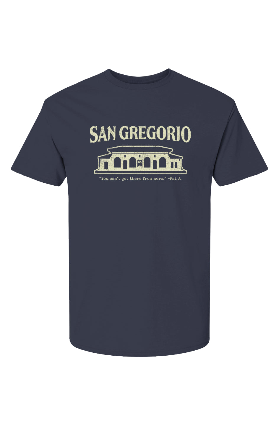 Short sleeve t-shirt with San Gregorio General Store design printed on chest in cream