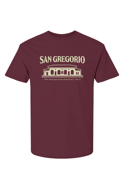 Short sleeve t-shirt with San Gregorio General Store design printed on chest in cream