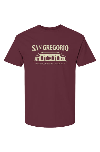 Short sleeve t-shirt with San Gregorio General Store design printed on chest in cream