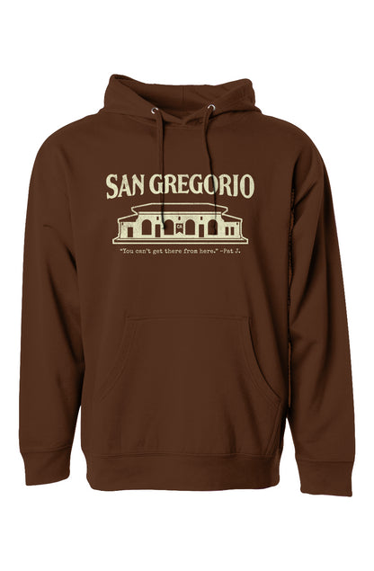 Hooded sweatshirt with San Gregorio General Store design printed on chest in cream