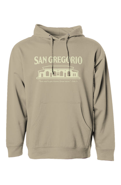 Hooded sweatshirt with San Gregorio General Store design printed on chest in cream