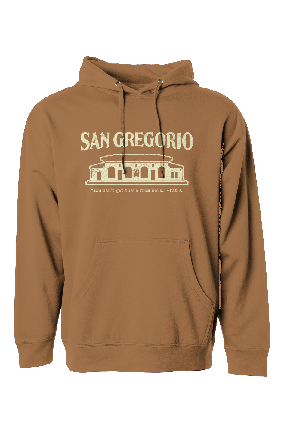 Hooded sweatshirt with San Gregorio General Store design printed on chest in cream