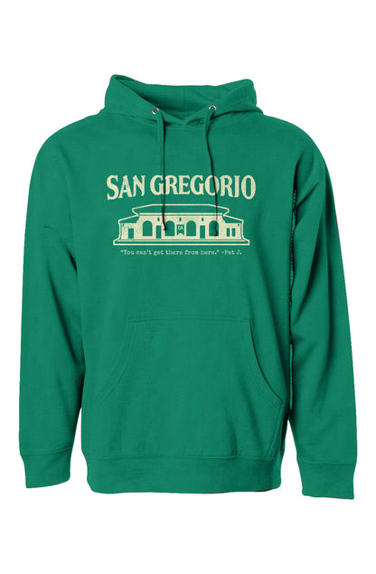 Hooded sweatshirt with San Gregorio General Store design printed on chest in cream