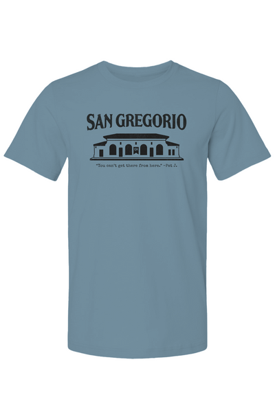 Heather t-shirt with San Gregorio General Store design printed on chest
