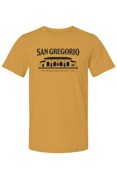 Heather t-shirt with San Gregorio General Store design printed on chest