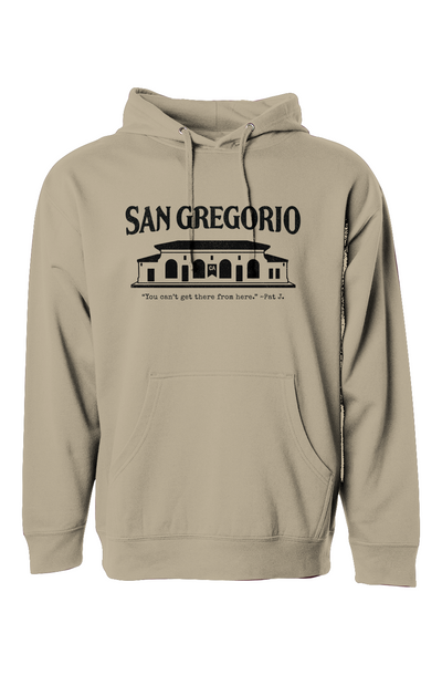 Hooded sweatshirt with San Gregorio General Store design printed on chest