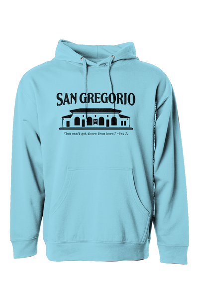 Hooded sweatshirt with San Gregorio General Store design printed on chest