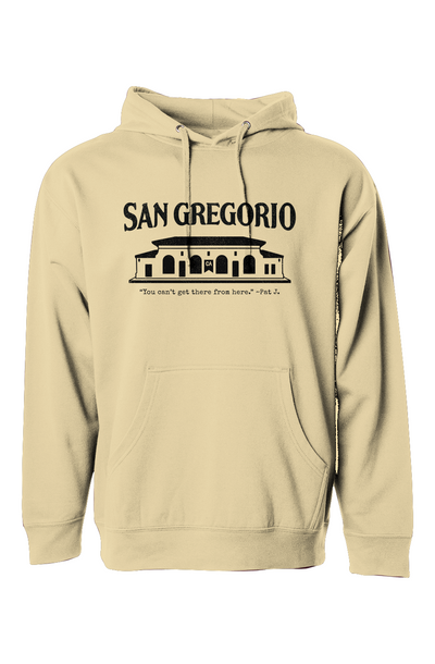 Hooded sweatshirt with San Gregorio General Store design printed on chest