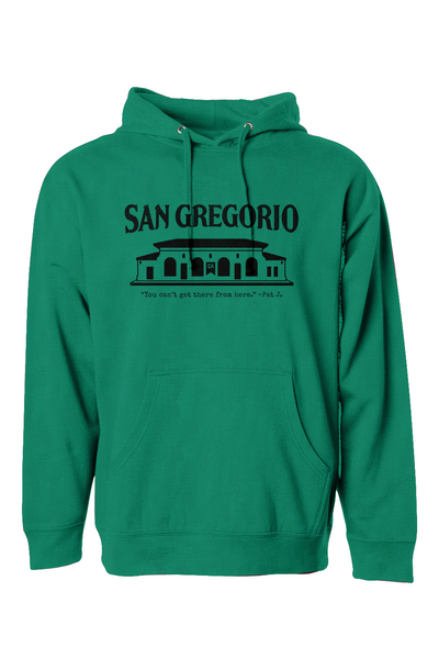 Hooded sweatshirt with San Gregorio General Store design printed on chest