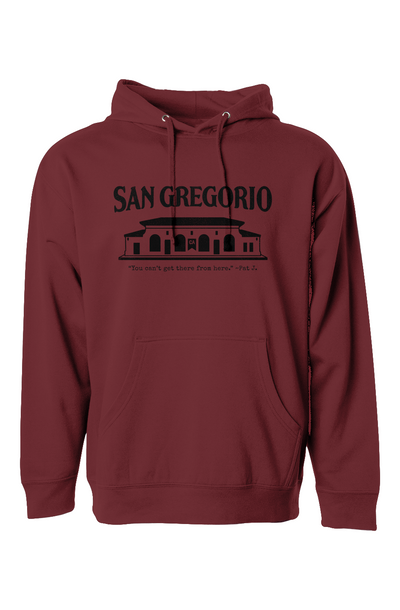 Hooded sweatshirt with San Gregorio General Store design printed on chest