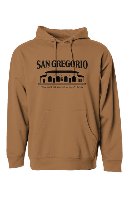 Hooded sweatshirt with San Gregorio General Store design printed on chest