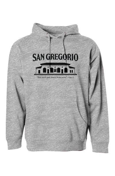 Grey hooded sweatshirt with San Gregorio General Store design printed on chest