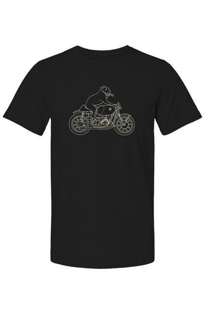 "builds by scott" Elvis dog on motorcycle drawing printed on back of short sleeved t-shirt