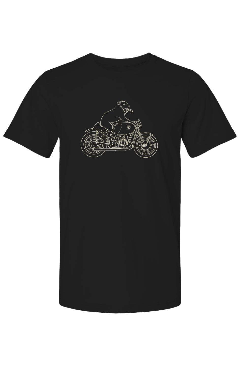 "builds by scott" Elvis dog on motorcycle drawing printed on back of short sleeved t-shirt