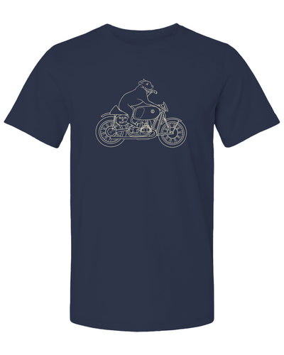 "builds by scott" Elvis dog on motorcycle drawing printed on back of short sleeved t-shirt