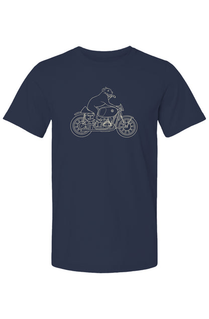 "builds by scott" Elvis dog on motorcycle drawing printed on back of short sleeved t-shirt