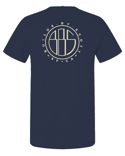 "builds by scott" logo printed on back of short sleeved t-shirt