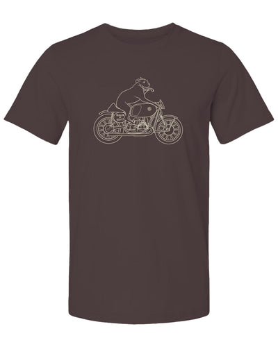"builds by scott" Elvis dog on motorcycle drawing printed on back of short sleeved t-shirt