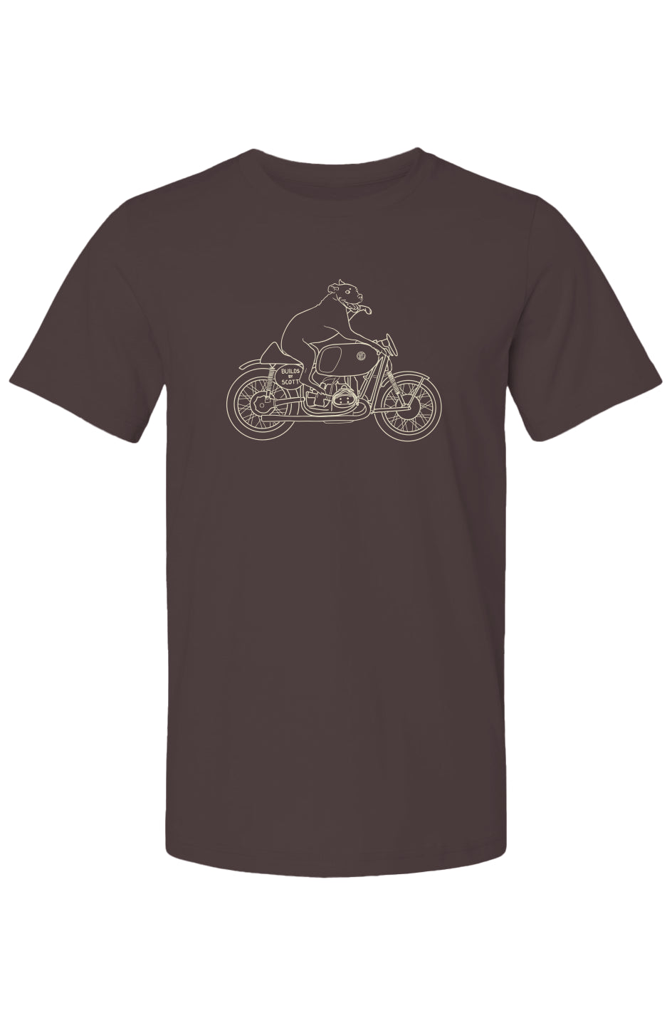 "builds by scott" Elvis dog on motorcycle drawing printed on back of short sleeved t-shirt