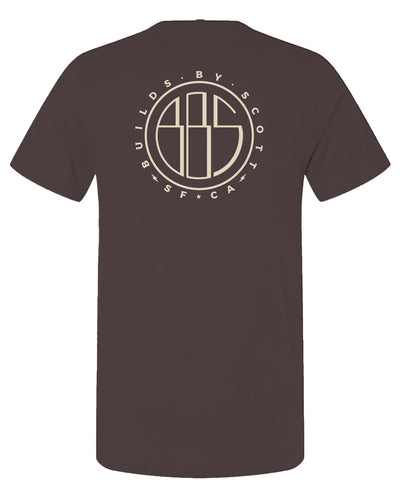 "builds by scott" logo printed on back of short sleeved t-shirt