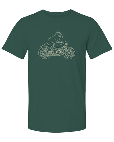 "builds by scott" Elvis dog on motorcycle drawing printed on back of short sleeved t-shirt