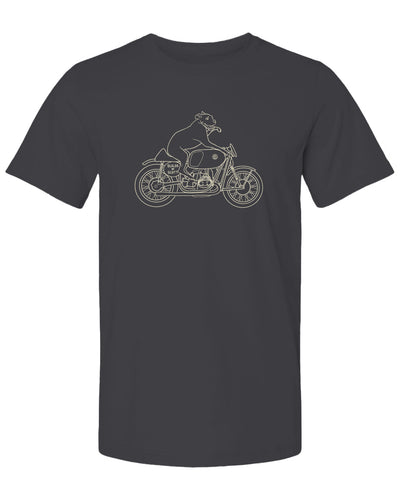 "builds by scott" Elvis dog on motorcycle drawing printed on back of short sleeved t-shirt