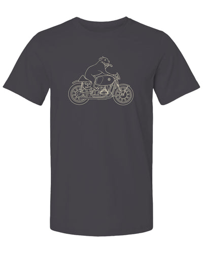 "builds by scott" Elvis dog on motorcycle drawing printed on back of short sleeved t-shirt