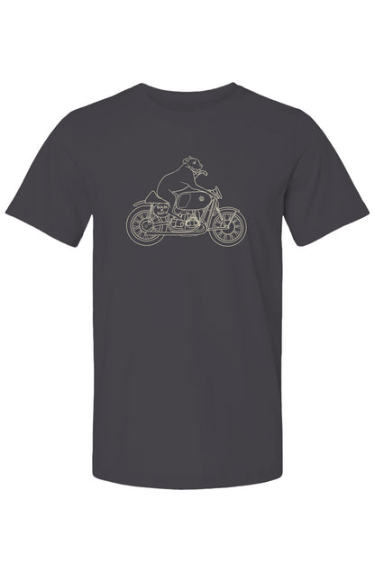 "builds by scott" Elvis dog on motorcycle drawing printed on back of short sleeved t-shirt