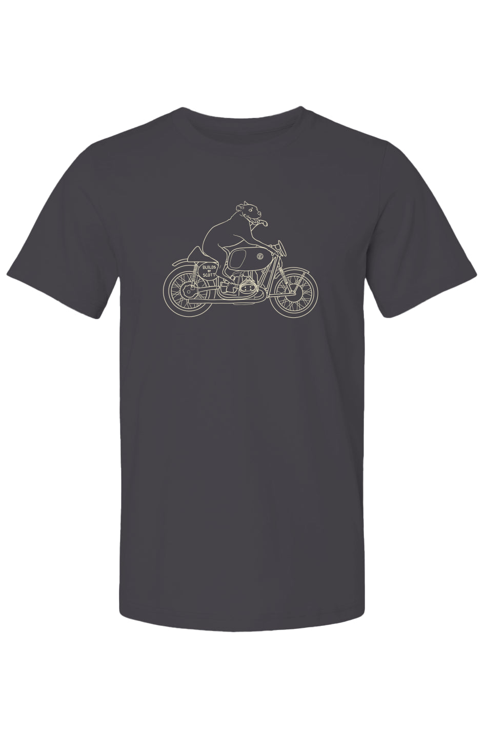 "builds by scott" Elvis dog on motorcycle drawing printed on back of short sleeved t-shirt