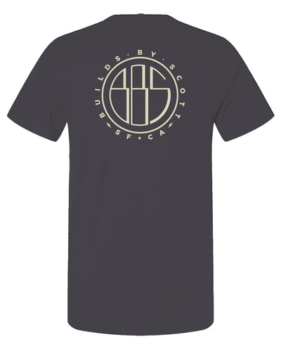 "builds by scott" logo printed on back of short sleeved t-shirt