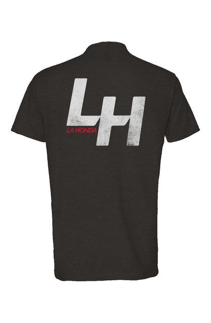 La Honda SHIFT pattern design on back of heather short sleeve t-shirt