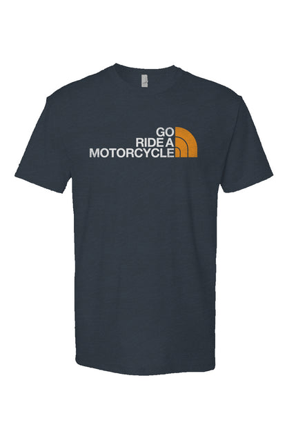 "Go ride a motorcycle" north face parody design on chest of Heather Short Sleeve T shirt