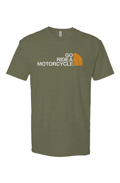 "Go ride a motorcycle" north face parody design on chest of Heather Short Sleeve T shirt