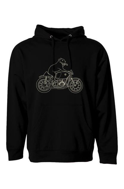 Elvis dog on a motorcycle drawing printed on chest of hooded sweatshirt