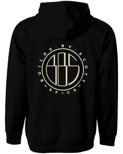 "builds by scott" logo printed on back of hooded sweatshirt
