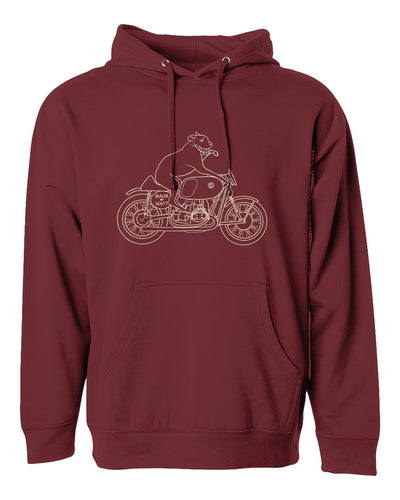 "builds by scott" Elvis dog design printed on chest of hooded sweatshirt