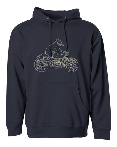 "builds by scott" Elvis dog design printed on chest of hooded sweatshirt