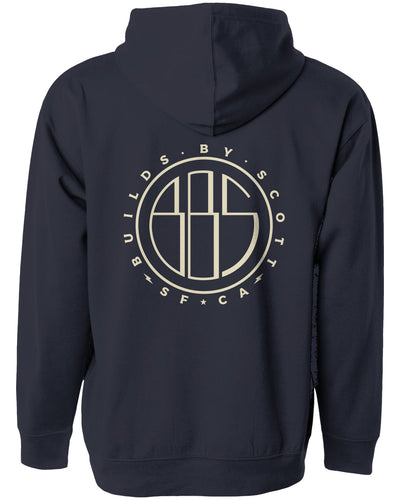 "builds by scott" logo printed on back of hooded sweatshirt