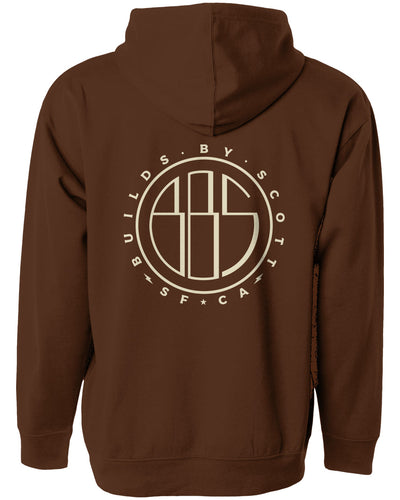 "builds by scott" logo printed on back of hooded sweatshirt