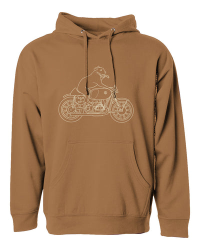 "builds by scott" Elvis dog design printed on chest of hooded sweatshirt