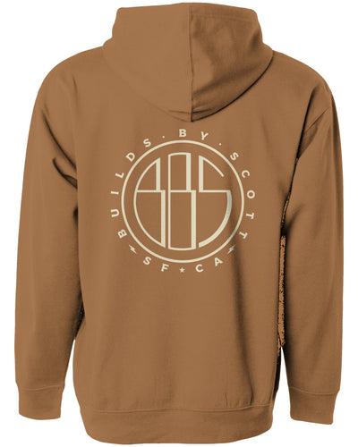 "builds by scott" logo printed on back of hooded sweatshirt