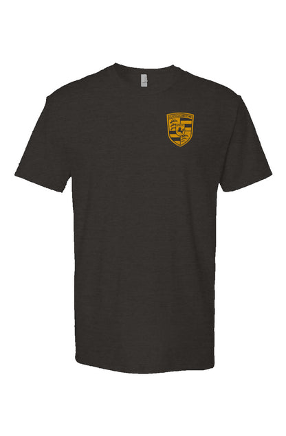 Woodside Porsche design in signal yellow on chest of Heather Short Sleeve T-shirt