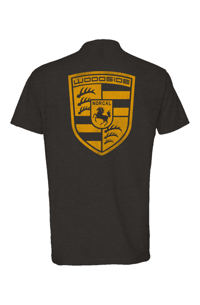 Woodside Porsche design in signal yellow on back of Heather Short Sleeve T-shirt