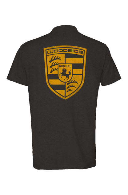 Woodside Porsche design in signal yellow on back of Heather Short Sleeve T-shirt