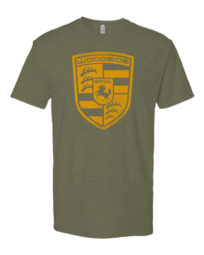 Woodside Porsche design in signal yellow on chest of Heather Short Sleeve T-shirt