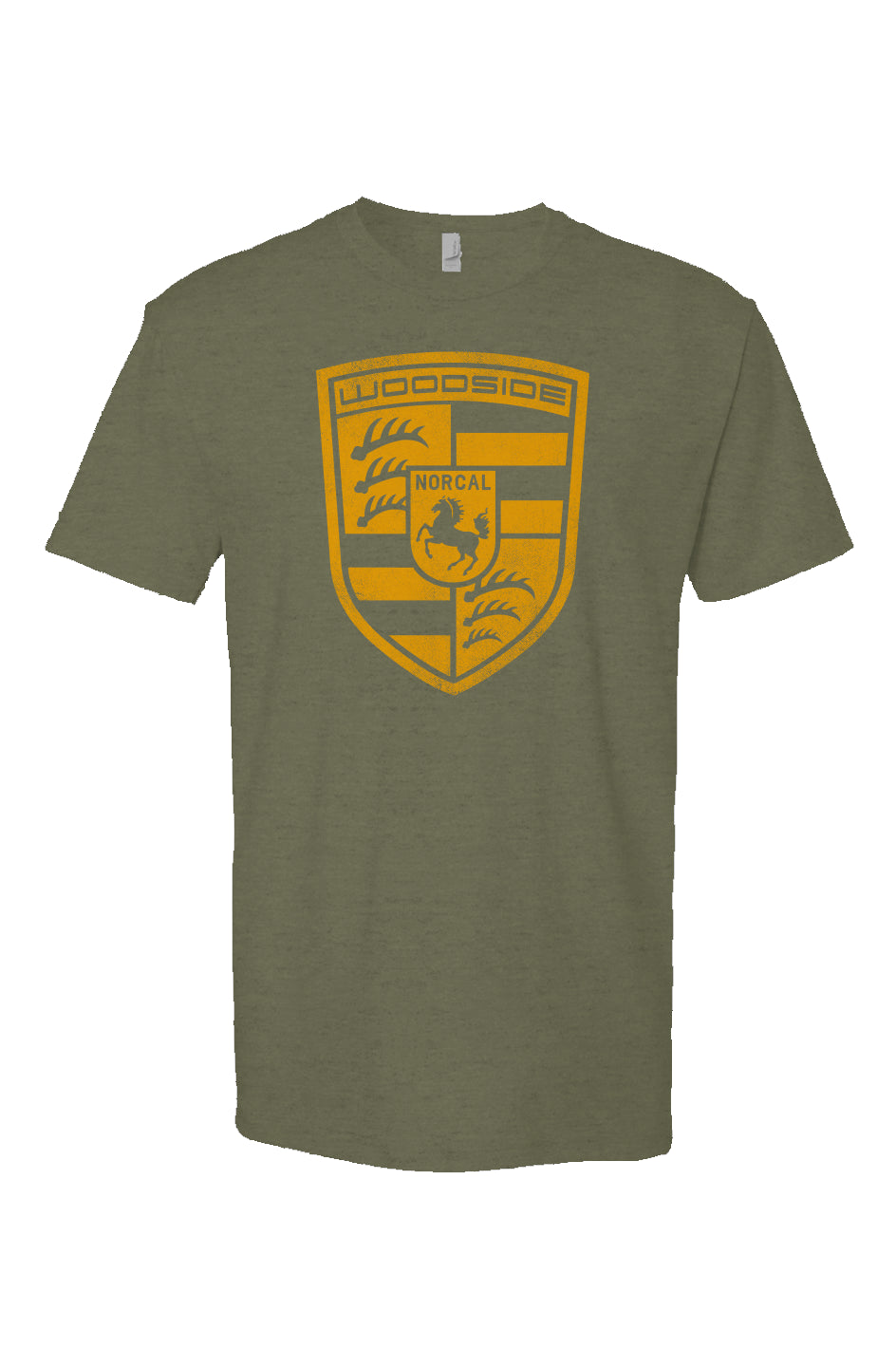 Woodside Porsche design in signal yellow on chest of Heather Short Sleeve T-shirt